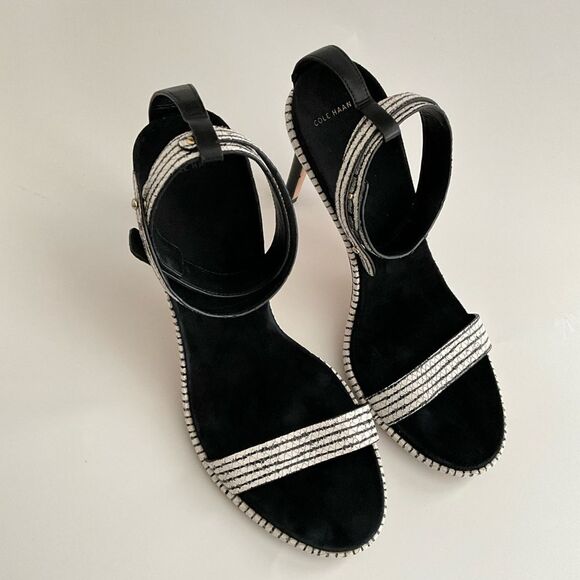 Cole Haan Leather Cyro Striped Snake Embossed Heeled Sandals Black White 10 - Picture 11 of 12